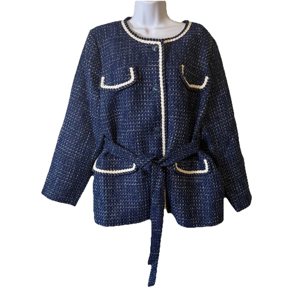 Isaac Mizrahi Live! ‎ Blue Woven Tweed Jacket with Self Tie Belt XLP Career